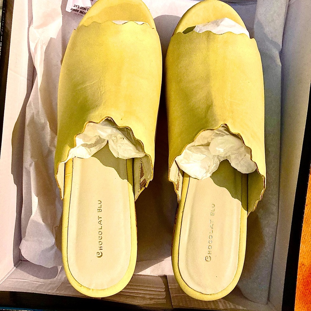 NWB- NEW, Chocolat Blu,Slides w/ 3”platform wedge- soft Daffodil Yellow,Size 9.5